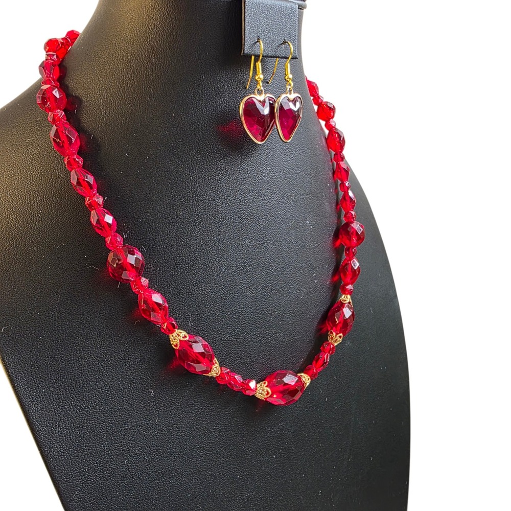 Vintage Red Glass Crystal Statement Necklace &‎ Heart Drop Earring Set Victorian
